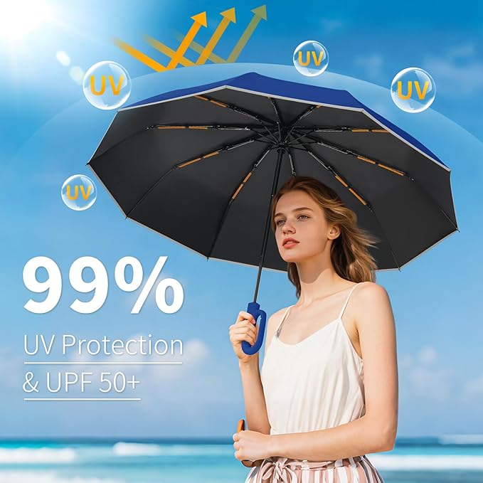 Seniny Travel Umbrella with Carabiner Handle, Windproof Large Umbrellas for Rain with Dual-Rib Structure, Portable Compact Umbrella with Reflective Strip, Car Backpack UV Umbrellas for Sun Protection