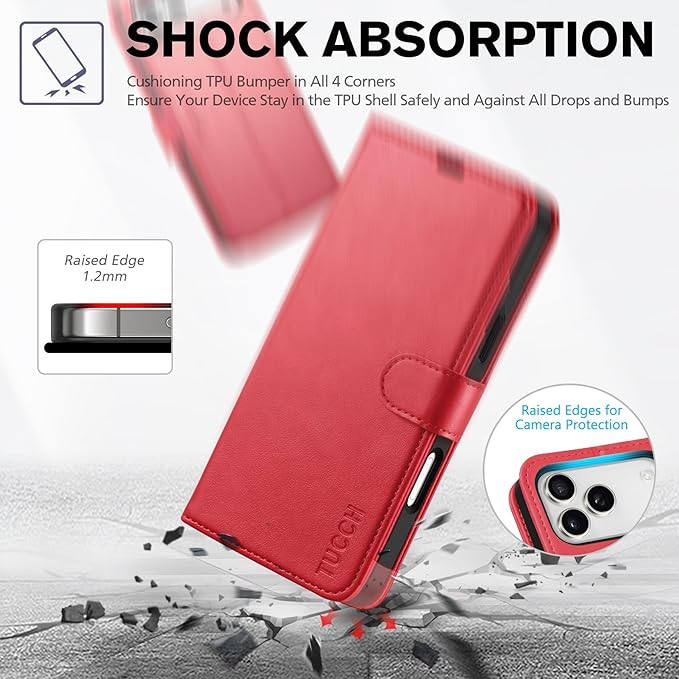 TUCCH Wallet Case for iPhone 17 Pro Max (6.9-Inch) 2025, RFID Blocking 4 Card Slots | Kickstand | Magnetic Closure | PU Leather | Shockproof TPU Shell | Protective Flip Folio Cover | Red