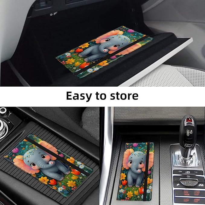 Car Registration and Insurance Holder PU Leather Vehicle Insurance and Registration Holders Wallet Case with Elastic Band Closure for ID Card, Driving Licence, Cute Cartoon Elephant Flower