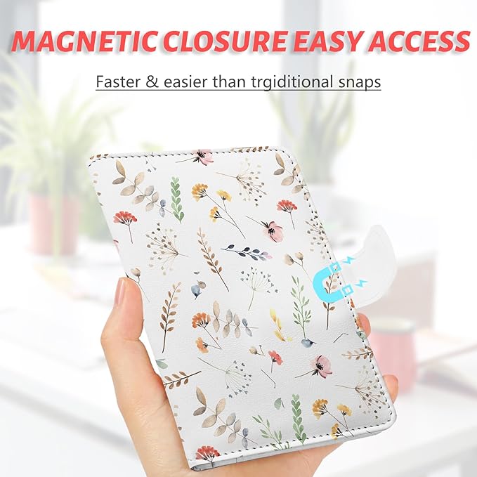 Passport Holder, Travel Wallet Cover with Pen Loop | Cute RFID Blocking Leather Case with Magnetic Closure for Travel Essentials-Flower
