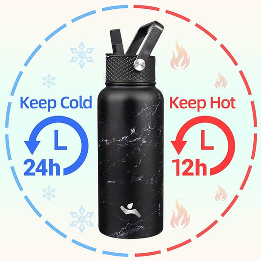 32 oz Insulated Water Bottle Stainless Steel Sport Bottles with 3 Lids,Marble Midnight