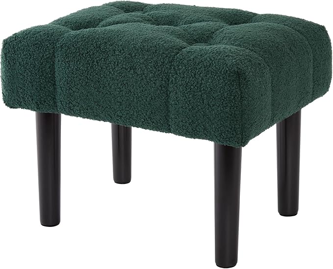 HOUCHICS Fur Padded Foot Stool, Small Ottoman Rest with Wooden Legs, Modern Rectangle Chair Rest for Living Room, Couch, Desk (Green)
