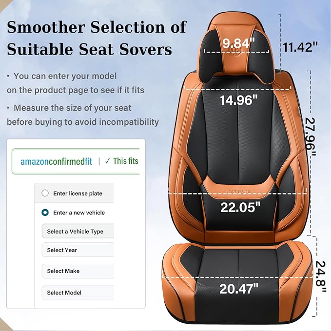 Coverado Universal Seat Covers Full Set, 5 Seats Universal Seat Covers for Cars, Waterproof Nappa Leather Car Seat Covers with Head Pillow, Auto Protectors Fit for Most SUV Pick-up Truck-Black&Brown