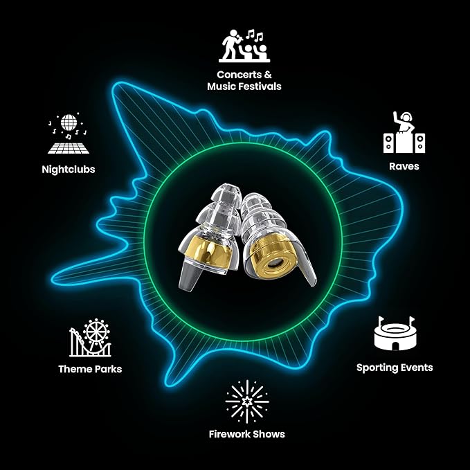 Eargasm High Fidelity Earplugs with Gold Filters - Reusable Noise Reduction Hearing Protection Ear-Plugs with Carrying Case for Bartenders, Concerts, Festivals, Raves, Musicians, Live Music, Sports