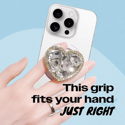 OnTheGrip Compatible with Magsafe Cute Cubic Diamond Heart Shape Design Collapsible Mobile Phone Grip Stand Holder for Smartphone Tablet Cell Phone Accessory (Gold Small)