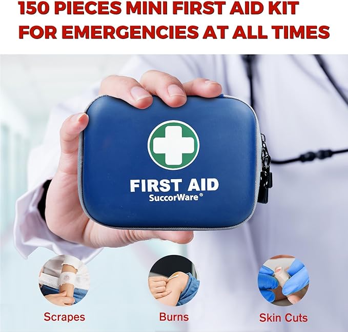 150 Pieces Mini First Aid Kit - Small Medical Kit with Hard Shell - Emergency First Aid Kit for Car, Travel, Home, Outdoor, Office, Camping, Hiking (Blue)