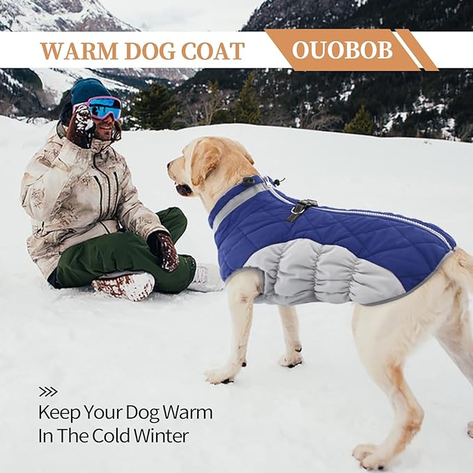 OUOBOB Dog Coats for Large Dogs,XL Dog Coat,Warm Fleece Winter Coat with D-Ring,Back Zipper Pet Jacket for Large Dogs,Waterproof Pet Snow Jacket Clothes Snowsuit Beagle Corgi Border Collie,Blue,XL