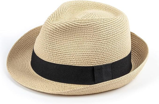 DRESHOW Women Straw Panama Hat Travel Fedora Beach Sun Hat Summer Wide Brim Straw Roll up Hat UPF 50+