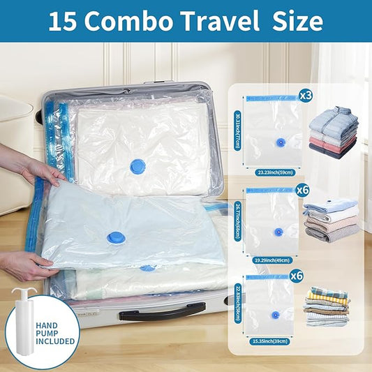 Vacuum Seal Bags for Clothing Travel with Pump,15 Pack Compression Packing Cubes for clothes,Space Saver Vacuum Storage Bags for Luggage & Travel Essentials,Carry-on Suitcase,Leak-Proof