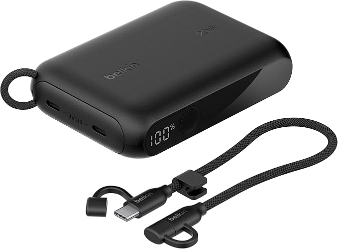 Belkin Portable Charger, Slim USB-C Power Bank 10,000mAh w/ 2 USB-C Ports, Digital Battery Display, 20W Charging Battery Pack - iPhone 17, Air, Pro, Samsung Galaxy S25, Pixel 10, iPad, & More - Black