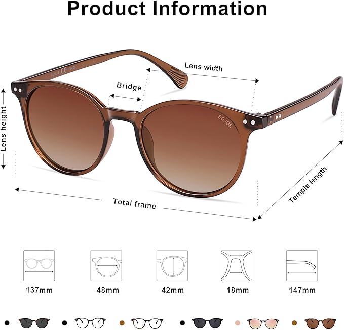 SOJOS Small Round Classic Polarized Sunglasses for Women Men Vintage Style UV400 Lens MAY SJ2113