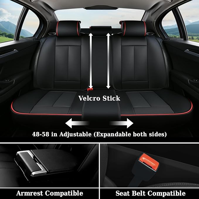 Coverado Universal Seat Covers Full Set, Universal Seat Covers for Cars, 5 Seats Waterproof Nappa Leather Car Seat Covers with Head Pillow, Auto Protectors Fit for Most Pick-up Truck, Black&Redline