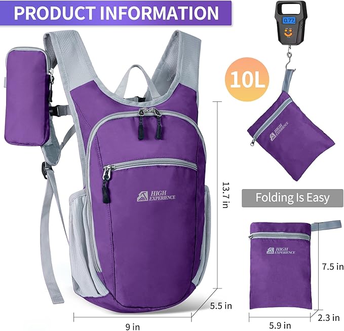 HIGH EXPERIENCE Hiking Backpack 10L/15L Small Daypack Lightweight Packable Travel Foldable Water Resistan for Women Men (Deep Purple, 10L)