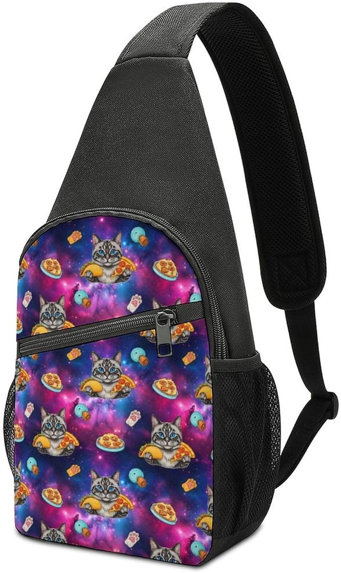 SWEET TANG Men's Crossbody Bags, Casual Daypacks Funny Cute Galaxy Cat Taco Pizza for Cycling and Travel, Fashion Sling Shoulder Backpack Square Rucksack with Small Pocket for Key Purse