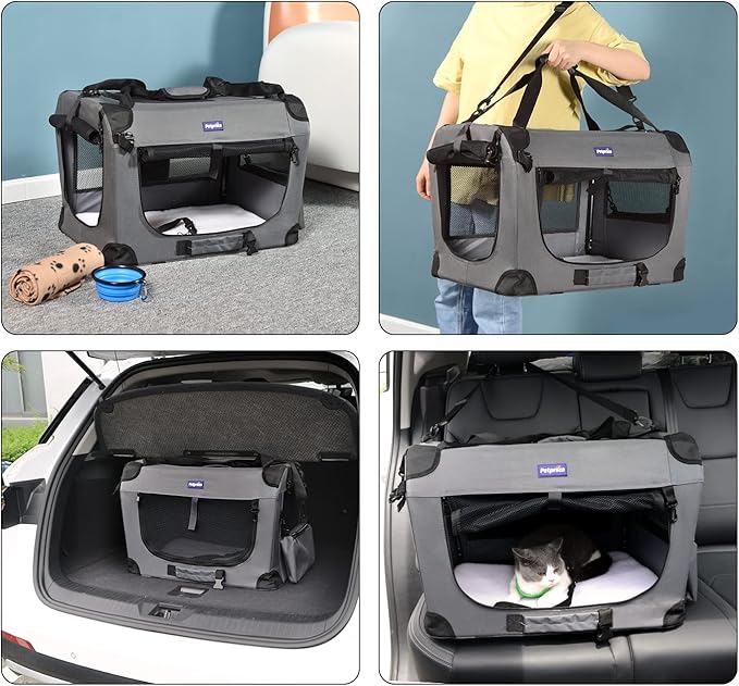 Petprsco Portable Collapsible Dog Crate, Travel Dog Crate 24x17x17 with Soft Warm Blanket and Foldable Bowl for Large Cats & Small Dogs Indoor and Outdoor