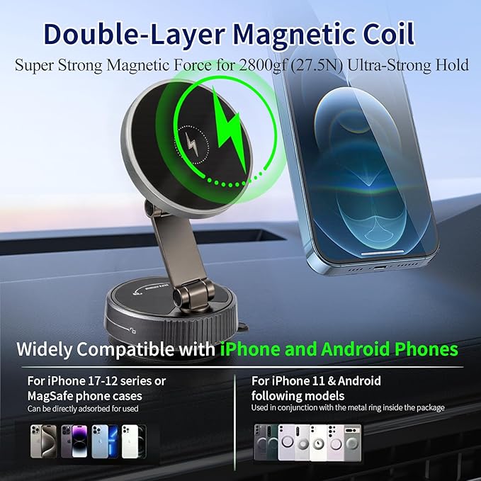 Domiunier For iPhone MagSafe Car Mount Charger[15W Fast Wireless Charging, 120LBS Strongest Suction, 2800gf Strong Magnetic]360° Rotation Adjustable Car Phone Holders for Your Car Dashboard/Windshield