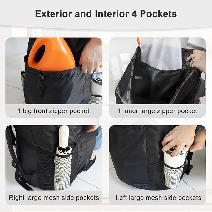 Gifts for Students, Polecasa Extra Heavy Duty Large Backpack Laundry Bag with Comfortable Padded Shoulder Straps & 4 Pockets, Christmas Gift for Women, Drawstring bag for Dorm, College, Travel, Black