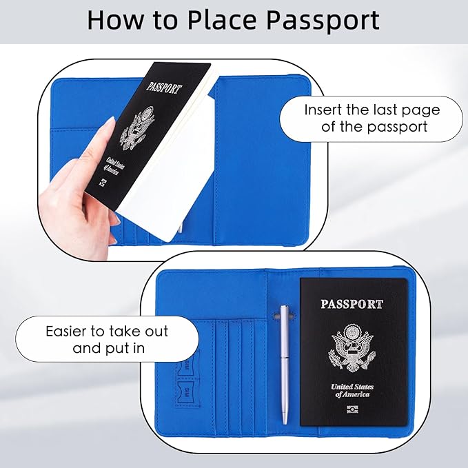 WALNEW Passport Holder for Travel, RFID Passport Cover Wallet for Women Men, PU Leather Passport Book Card Holder Case with Pen, Travelling Essentials for Flying