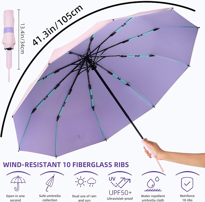 Folding Umbrella Anti-UV Compact Durable Folding Umbrella Auto Open Close Windproof Travel Umbrella Premium Grip Fits Backpack