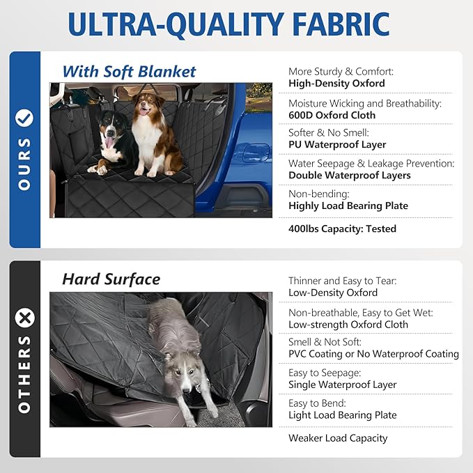 XL Truck Back Seat Extender for Dogs with Soft Blanket, Trucks Dog Seat Cover Back Seat Supports 400lbs, Hard Bottom Pet Seat Covers for Trucks, Waterproof Dog Hammock for Crew Cab Truck Black