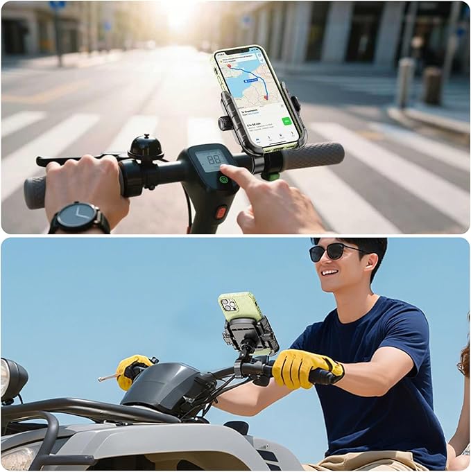 Bike Motorcycle Phone Mount with Aluminum Alloy Mounting Base, [1s Lock & Release] [No Block Camera] Bicycle Handlebar Cell Phone Holder for Scooter ATV, Fit 5.4-7.2" Smartphone