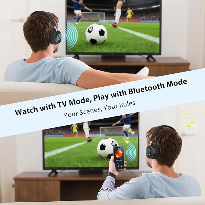 Wireless Headphones for TV Watching, TV Headphones Wireless for Seniors with Transmitter Charging Base, No Audio Delay Blutooth 5.4, Over Ear Headset with 3 Audio Modes, Gifts for Parents/Elderly