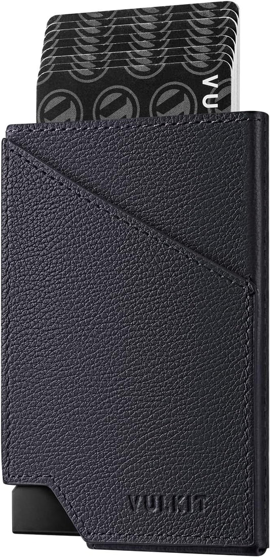 VULKIT Pop up Card Wallet Genuine Leather RFID Blocking Slim Aluminum Metal Bank Card Holder Case with Business Money Pocket for Credit Cards Notes and Coins Blue