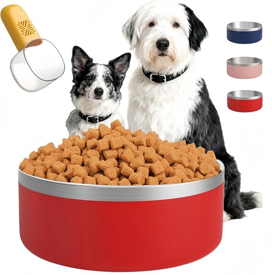 Dog Bowls Medium Sized Dogs-Large Breed 1.9l/64oz Double Layer Stainless Steel Outdoor Dog Water Bowl,Puppy Insulated Food Bowl,with Non-Slip Bottom and 1pc 8oz Food Scoop (Red, 64 oz)
