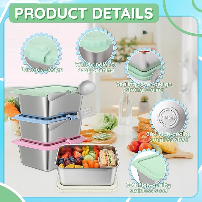 Acellegic Stainless Steel Snack Containers with Silicone Lids, 15 oz Reusable Food Storage Deli Containers for Meal, Leak Proof, Easy Open BPA Free Daycare and School (Blue, Pink, Green,Beige,4 Pack)