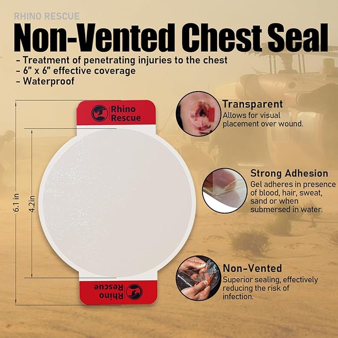 RHINO RESCUE Chest Seal Non-Vented, Sterile Emergency Trauma Dressing, Occlusive Adhesive Pad, IFAK Refill & Medical First Aid Supplies for Wound Care, Gunshot Wound, Sucking Chest (20 Count)