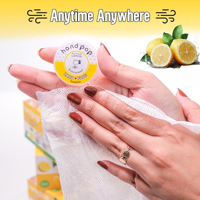 Hand Pop Lemon Scented Wipes - 10 Pack of Travel Size Wet Towelettes, Alcohol-Free, Wipes for Skin Hydration, Convenient, Eco-Friendly, Refreshing, Fits in Gym Bag, Purse, Pocket, or Luggage