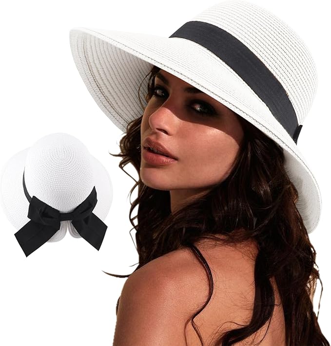 DRESHOW Sun Hats for Women Travel Fedora Foldable Beach Sun Hat Summer Wide Brim Straw Bucket Hat with Bowknot UPF 50+