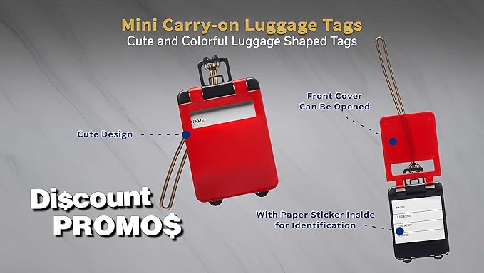 10 Mini Carry-on Luggage Tags Pack - Flip Open Cover, ID Sticker - Red