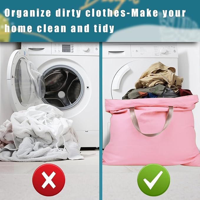 LOLOMLO Extra Large Canvas Laundry Bags with Handles & Drawstring Closure, Heavy Duty Tears Resistant Clothes Storage Travel Bags, Machine Washable Multi Use Laundry Bag liner for Laundry Hamper - 25.5 x 34 in - Pink