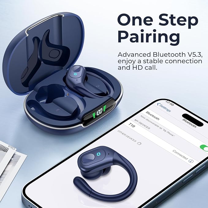 occiam Active Noise Cancelling Earbuds Wireless Bluetooth Headphones Ear Buds 90Hrs Playback Stereo Bass Earphones with Mic Over-Ear Hooks IPX7 Waterproof Headset for Work Sports Running Gym Deep Blue