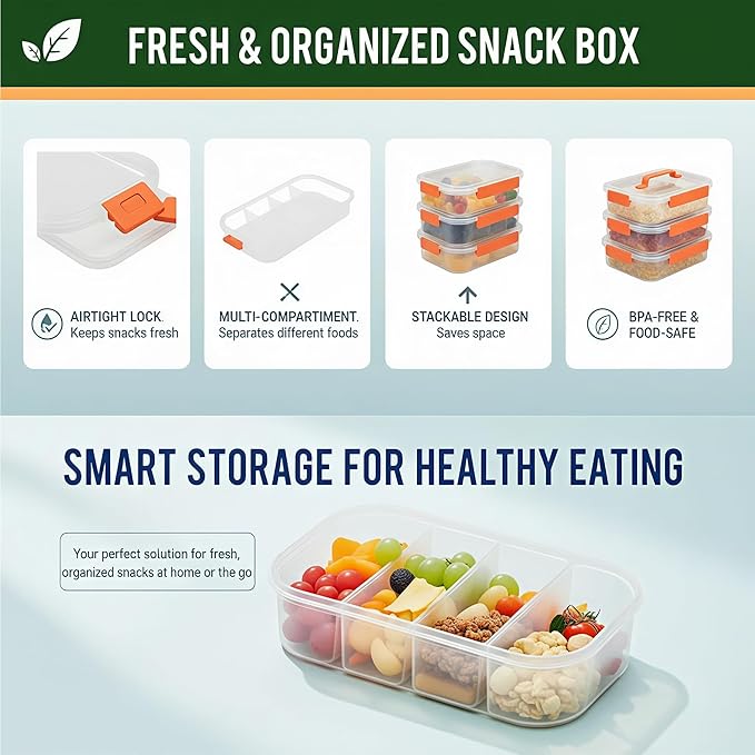 Li & Zhao Snackle Box Container - 4-Compartment Divided Snack Serving Tray with Silicone Handle, Perfect for Picnics, Leak-Proof, and Dishwasher-Safe Dressing Containers(Orange)