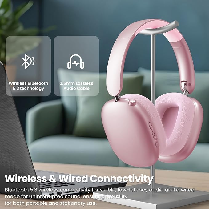 Wentronic Y01 Wireless Noise Canceling Headphones Bluetooth 5.3 Over Ear Headphones with Microphone, Hi-Res Audio, 48H Playtime, Foldable Comfortable Earpads,Compatible with iOS,Android,PC, Pink