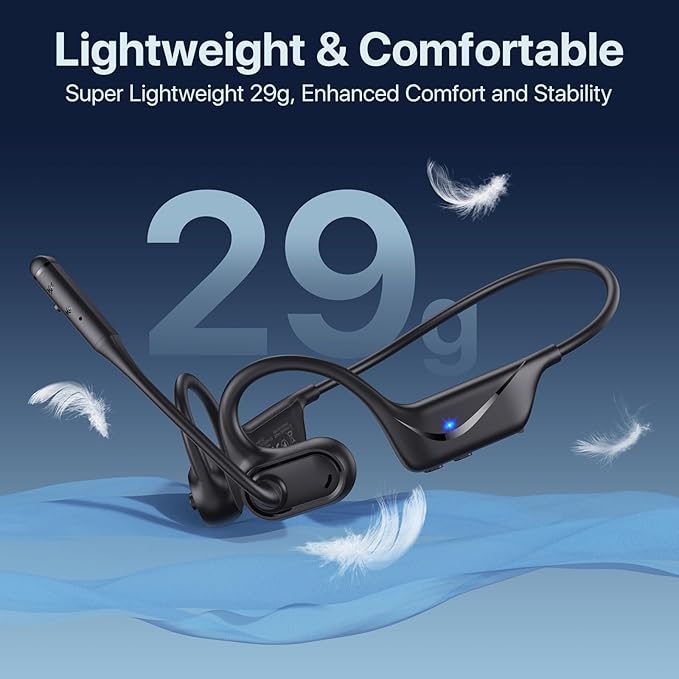 Open Ear Headphones with Mic, 29g Bluetooth Headset, Sweat Resistant,12Hrs, Dual Connect, Wireless Bluetooth Headphones with Noise Cancelling Microphone & Mute, for Work, Workout, Driving, Call, Black