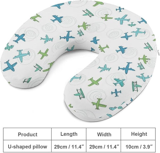 Kids Washable U-Shaped Travel Pillow Neck Support, Fun Airplanes On White Sky U-Shape, Airplane Car Nap Chin Cushion
