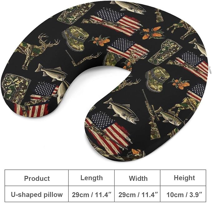 Memory Foam Travel Pillow Fall Hunting Deer Bass Fishing Lure Camo Camouflage American Flag Black, Breathable Chin Head Support, Washable Zip Cover for Airplane Car Office Pain Relief