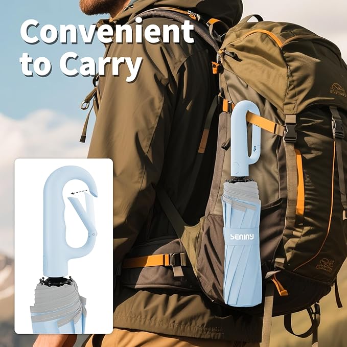 Seniny Travel Umbrella with Carabiner Handle, Windproof Large Umbrellas for Rain with Dual-Rib Structure, Portable Compact Umbrella with Reflective Strip, Car Backpack UV Umbrellas for Sun Protection