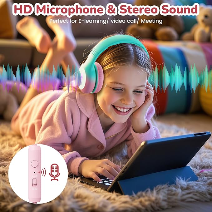 Kids USB C Headphones for School, 2025 Upgrade Safe Listening Wired Over-Ear Headphones with LED Lights, Volume Limiter & Microphone, Foldable Design for iPhone 16, iPad, Tablet (Green Pink)