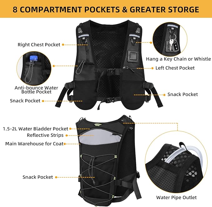 PELLOR Running Hydration Vest for Women Men, Adjustable Running Vest with Multi Pockets, Lightweight Chest Straps Reflective Hydration Backpack for Hiking Trail Cycling Marathon