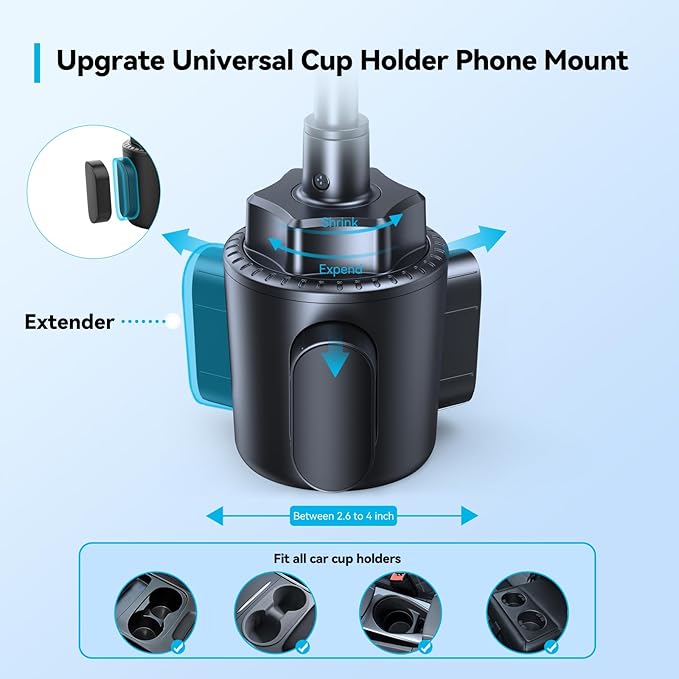 TECKNET Cup Phone Holder for Car - Adjustable Gooseneck Cup Holder Cradle Car Mount with Air Vent Holders & Expandable Base, Cell Phone Holders for iPhone 17/16 Pro Max and All Cell Phones, Cars model