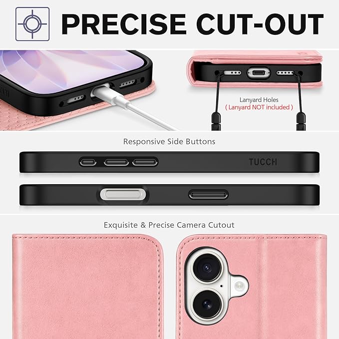 TUCCH Case Wallet for iPhone 17 (6.3") 2025, RFID Blocking 3 Card Holders | Kickstand | PU Leather | Protective Flip Folio Cover | TPU Shockproof Interior Shell | Pink