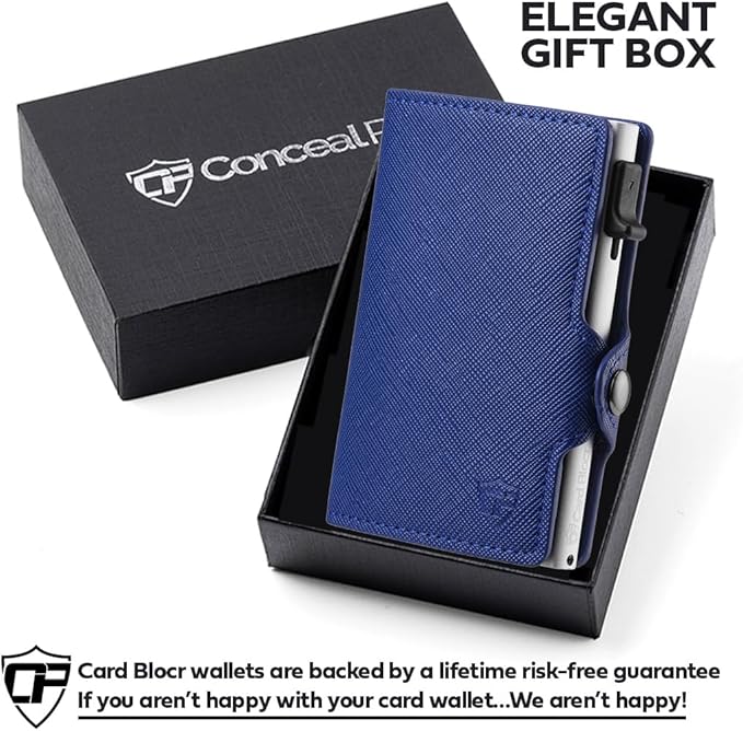 Womens Slim Wallet for Small Purses, Pop Up Wallet with Anti Theft RFID Blocking Credit Card Holder for Women in Navy Blue PU Saffiano