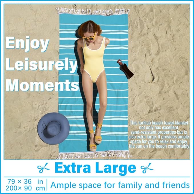 Thin Turkish Beach Towel Lightweight Soft Cotton Extra Large XL Oversized Sand Free Sandproof Absorbent Quick Dry Towels Cloud Bath Pool Travel Compact Essentials Accessories for Adult Gifts