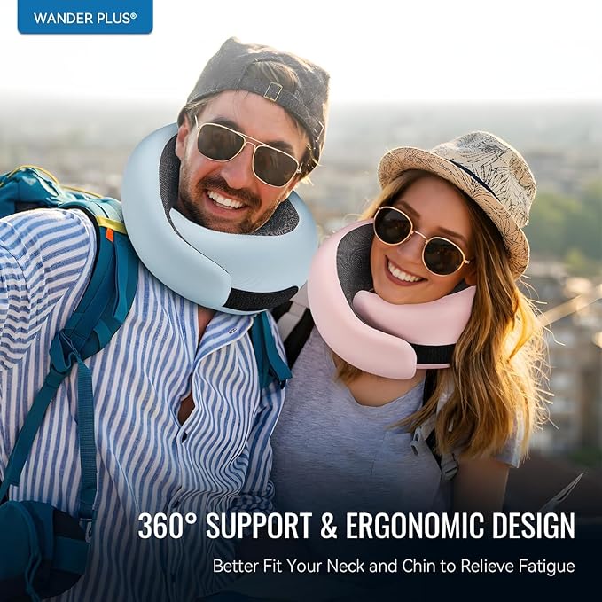 WANDER PLUS® 100% Pure Memory Foam Travel Neck Pillow Airplane Neck Support Ergonomic Design Best for Sleeping Plane Car Train Office Flight for Adults Max Sky Blue