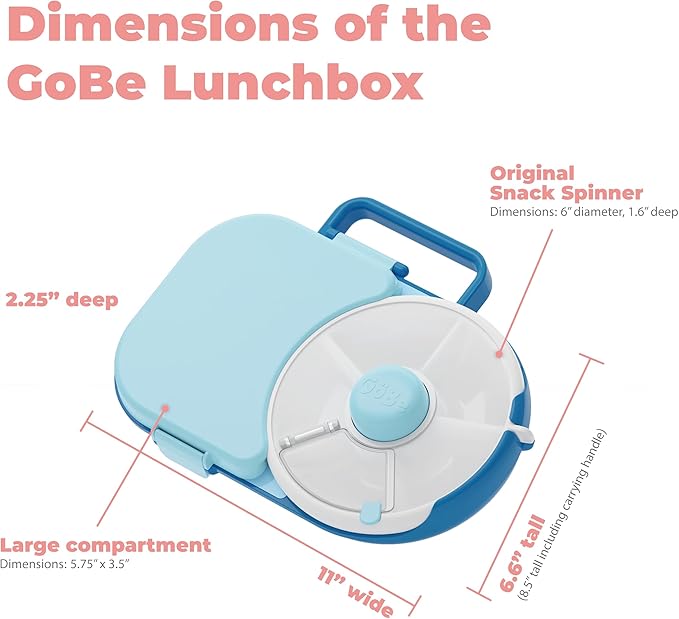 GoBe Kids Lunchbox with Small Snack Spinner Flip - Bundle with Hand Strap & Sticker Sheet, 2-in-1 Bento Style Lunch Container, 5 Small +1 Large Sandwich Compartment, BPA & PVC Free- Macaron Blue