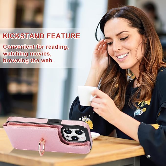Folosu Compatible with iPhone 15 Pro Case Wallet with Card Holder, 360°Rotation Finger Ring Holder Kickstand, RFID Blocking Leather Protective Double Buttons Shockproof Cover 6.1 Inch Rose Gold